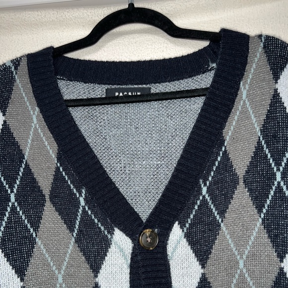 PacSun Golf Cardigan Knit Sweater Diamond Pattern Blue & White Size Medium - Picture 4 of 5